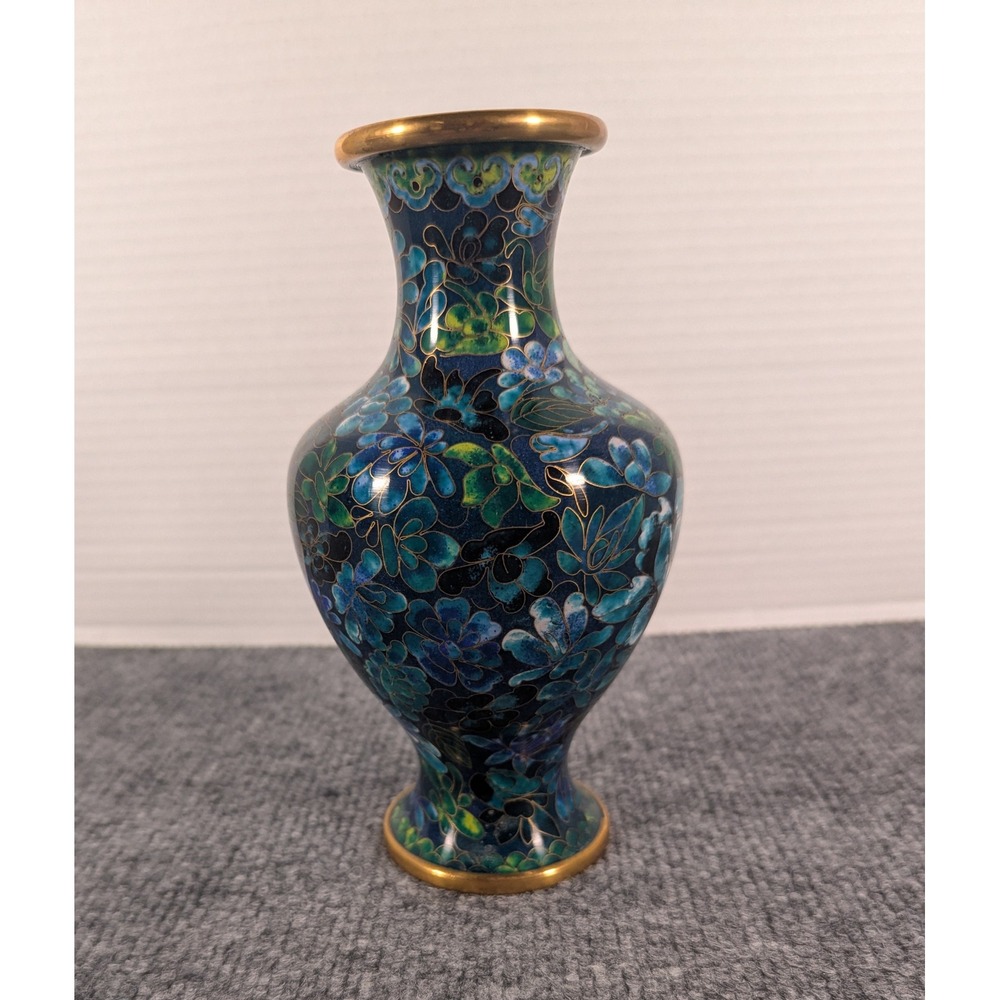 Vintage Cloisonne Enamel Floral Vase Blue Green Gold Brass Trim 7.25 Inch